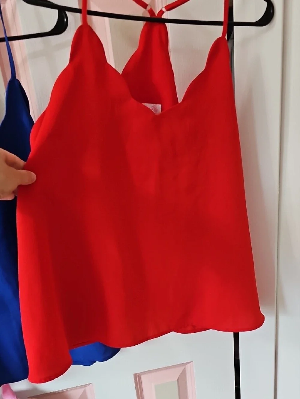 Pink Lily-Blue and Red Scalloped V-Neck Spaghetti Strap Cami Top- Size M